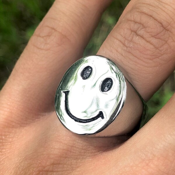 Smiley Face Ring, Silver Statement Ring, Trendy Ring, Mens Rings, Smiley Ring, Minimalist Rings, Happy Face Ring, Band Rings, Fashion Rings