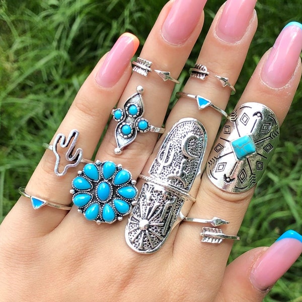 9 Pieces Womens Rings, Boho Rings, Knuckle Ring, Ring Pack, Silver Ring Set, Stackable Rings, Turquoise Ring, Arrow Ring, Gift for Her