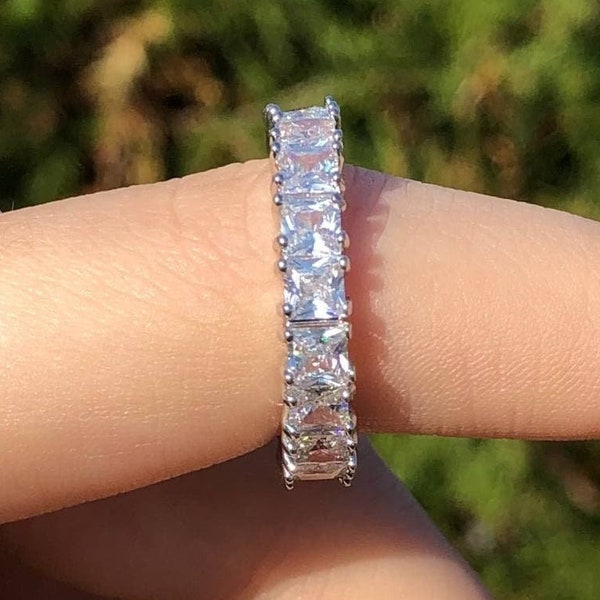 Bague baguette, bague en acier inoxydable femme, bagues en cristal, bague en diamant, bague d'éternité, bague en strass, bague en argent, bague de fiançailles