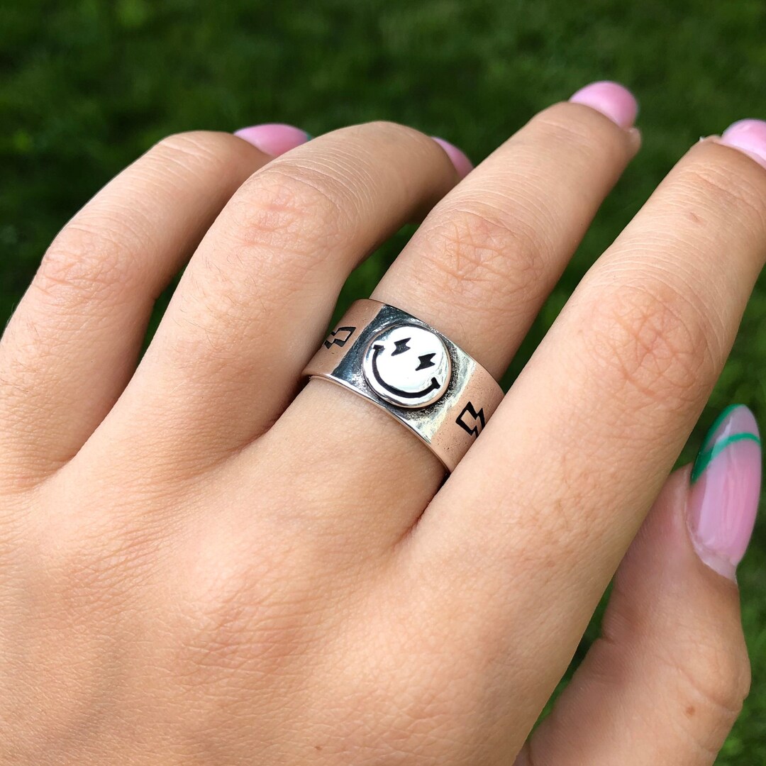 Smiley Face Ring Womens Rings Smiley Ring Lightning Ring Etsy