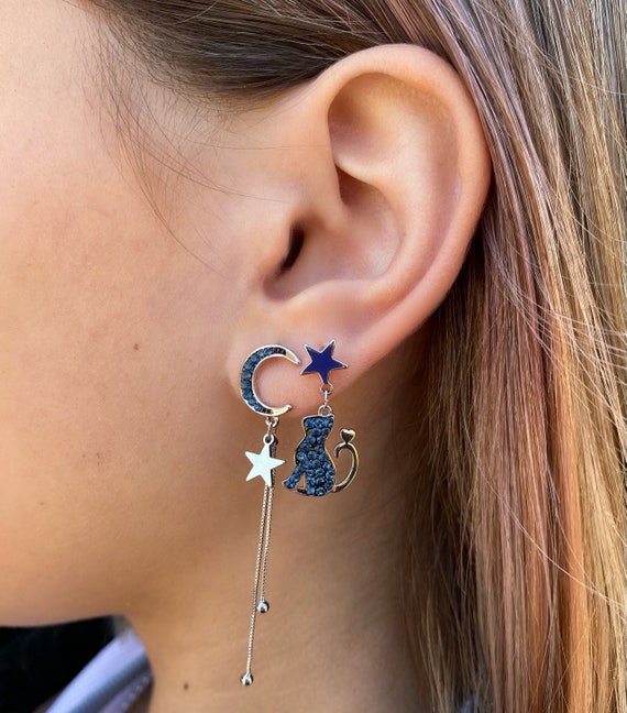 Moon and Star Cat Celestial Earrings Sterling Silv