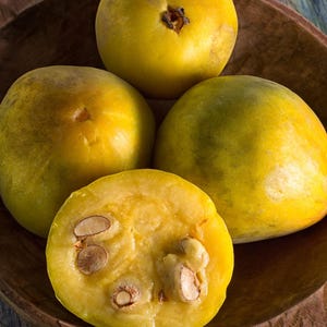 May include: Four yellow fruits, one cut in half, in a wooden bowl. The fruit has a smooth, slightly bumpy skin and a yellow flesh with brown seeds.