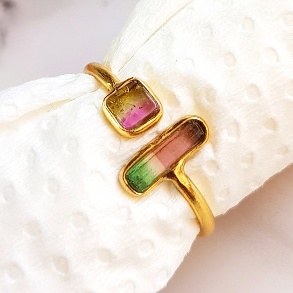 Multi Tourmaline Ring | Watermelon Tourmaline Squares & Sticks Ring | Bio Tourmaline Ring | Tourmaline Minerals | 925 Silver Rings  [WJ 030