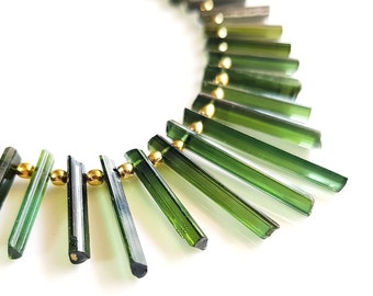 Green Tourmaline Stick Beads | Drilled Rough Gemstone Strand (6-20 MM)