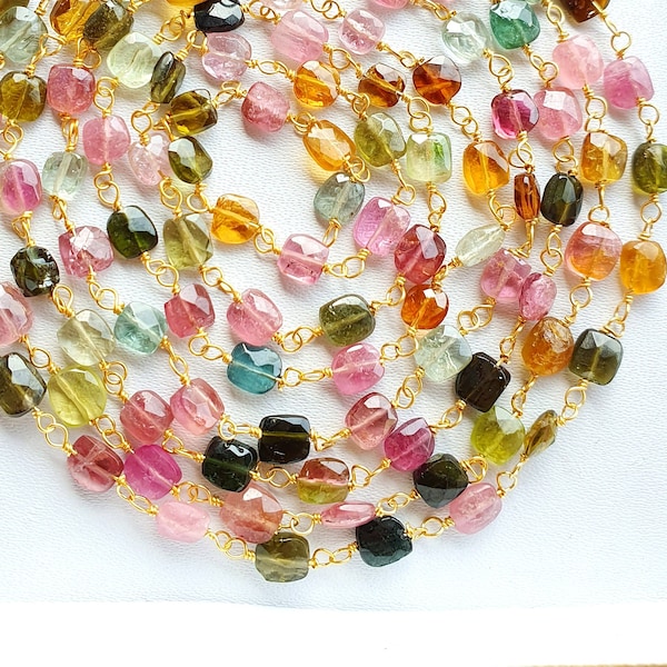 Multi Tourmaline Rosary Chain | Gemstone Beaded Chain, Tourmaline Chain,Squares Shape, Jewelry making Chain, Handmade Chain, Rosary Necklace