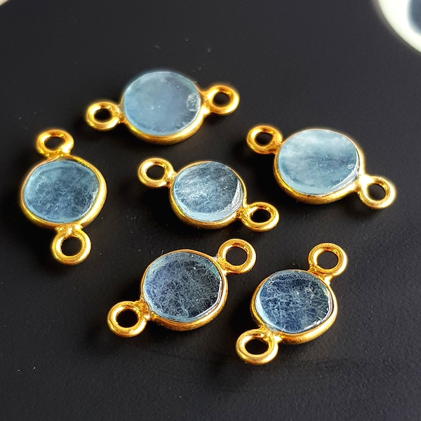 Aquamarine Connector, Gemstone Charms, Gemstone Connector, Genuine Aquamarine Round Shape, Gold Plated Double Bail, Connector for jewelry