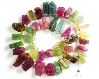 Wholesale Natural Multi Tourmaline Gemstone Crystal Rough | Size -- 5x8 - 9x16 MM 8 Inch Strand Multi Tourmaline Drilled Rough  [BEADS 330]