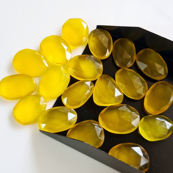 Yellow  Chalcedony Gemstone Faceted Cabochons | Flat Back Rose Cut Cabochons 10 Pieces Size - 9x11 -- 11x15 MM Approx. Jewelry Making Cabs