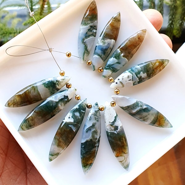 Natural Moss Agate Gemstone Faceted Briolette's | Fancy Long Marquise | 5 Matched Pair (10 Pieces) Gemstone Briolette For Jewelry 11x40 MM