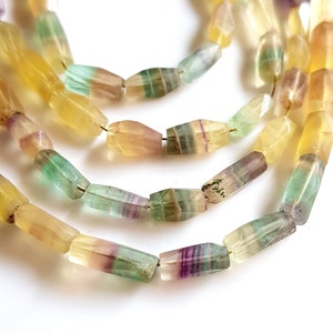 Puede incluir: Una hebra de cuentas de fluorita facetadas multicolores. Las cuentas son una mezcla de amarillo, verde y morado.