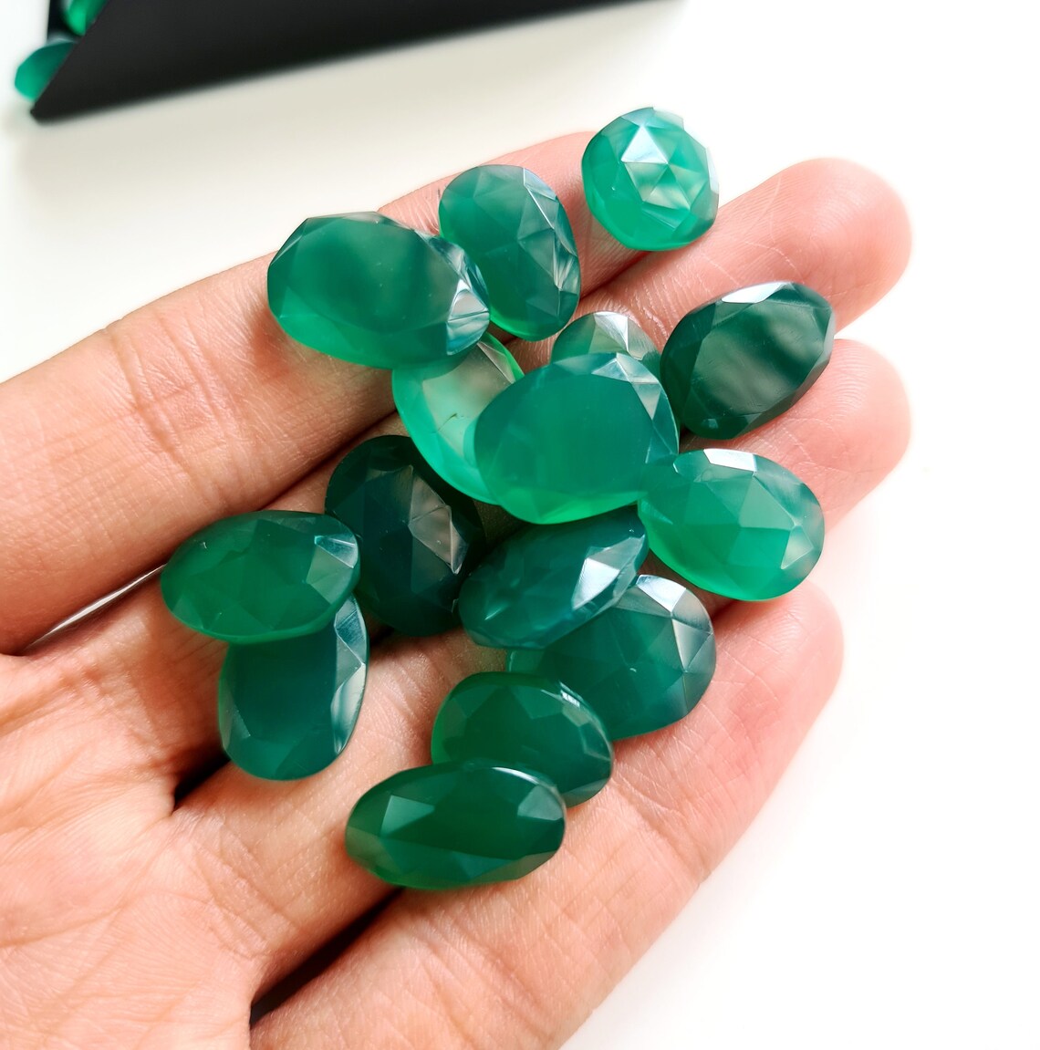 Natural Green Onyx Gemstone Faceted Cabochons Flat Back Rose Etsy