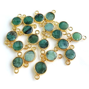 Emerald Connector, Gemstone Charms, Gemstone Connector, Genuine Emerald Round Shape, Gold Plated Double Bail, Connector for jewelry making