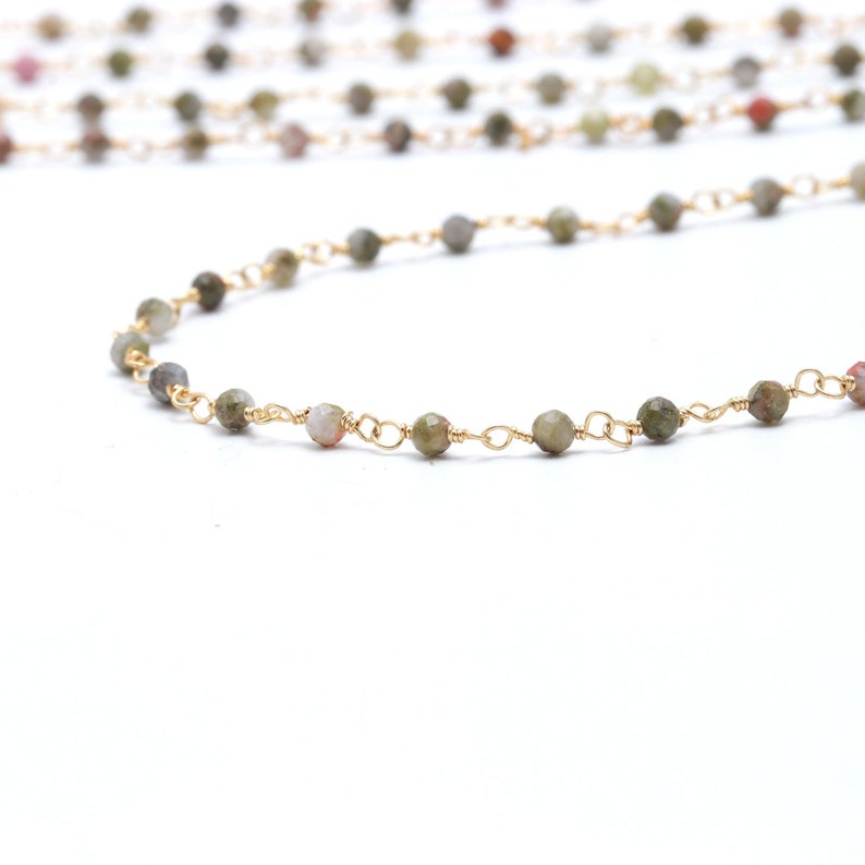 Natural Unakite Rosary Chain, 24K Gold Plated Beaded Chain Rosary Style