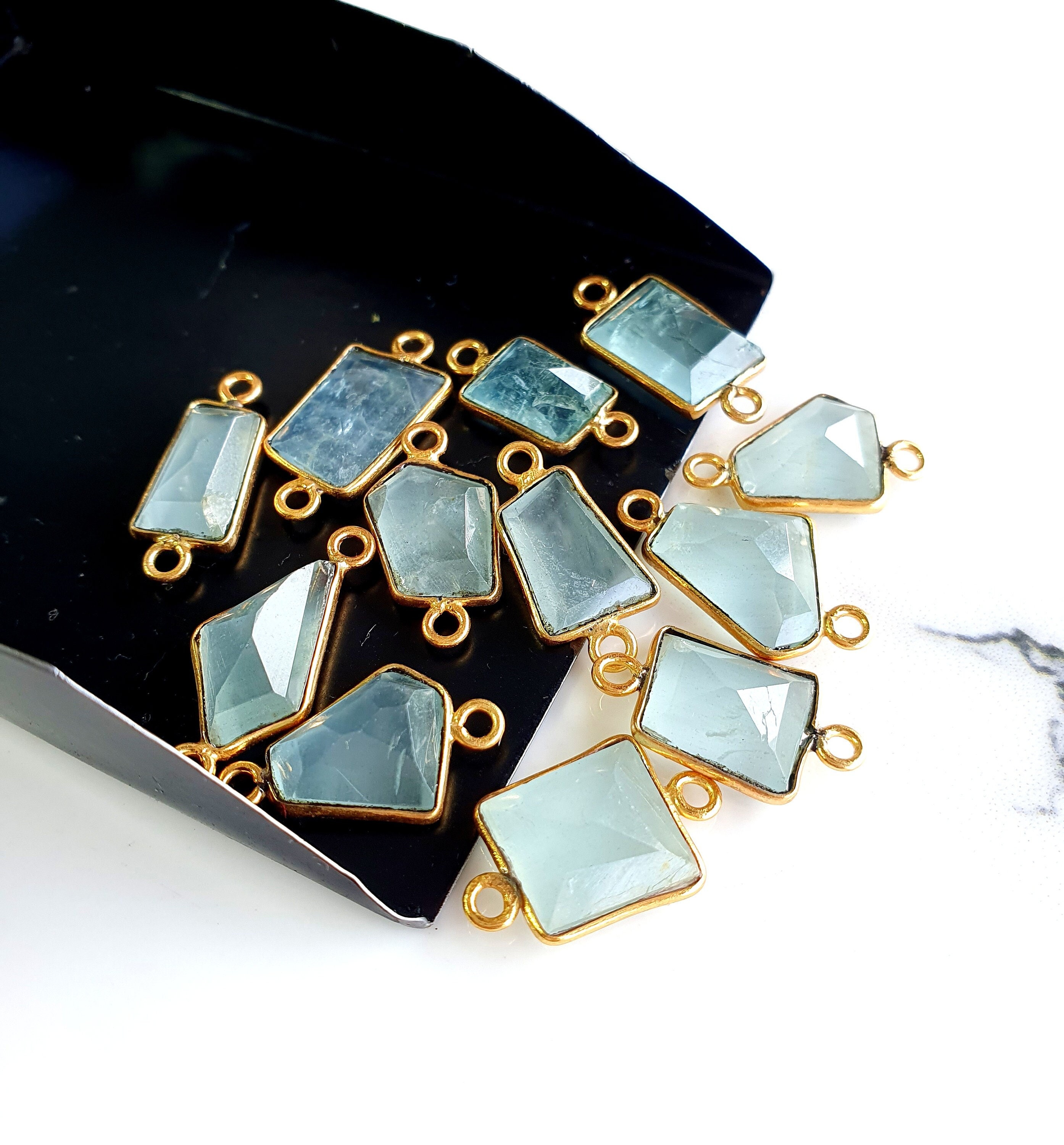 Blue Aquamarine Connector, Rose Cut Cabochons Gemstone Connector, Milky Aqua Fancy Shape, 24K Gold Plated Double Bail, Connector for jewelry