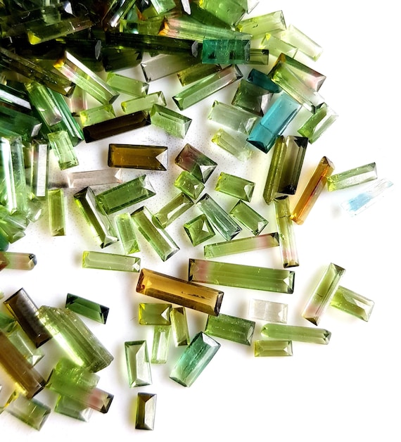 Natural Green Tourmaline Cut Stone | Multi Tourmaline Rectangle Emerald Cut Gemstone Faceted Brilliant Cut Stone 10 Pieces | Loose Gemstone