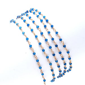 Natural Blue Apatite Rosary Chain, 24K Gold Plated Beaded Chain Rosary Style Size - 1.2 MM, 2 Foot Gemstone Rosary Chain for Jewelry Making,