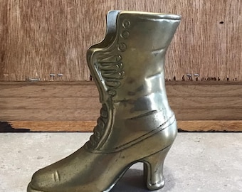 Vintage Brass Victorian Boot Vase: Ladies High Heel Decor