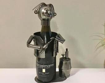 Metal Wine Bottle Holder, Handmade Sculpture, Wine Lover Decor
