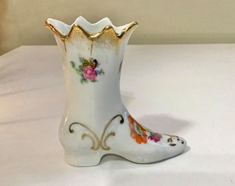 Vintage Porcelain Boot Elfinware Germany Collectible Miniature  Boot Shoe Embossed Floral Gold Trim with pink roses