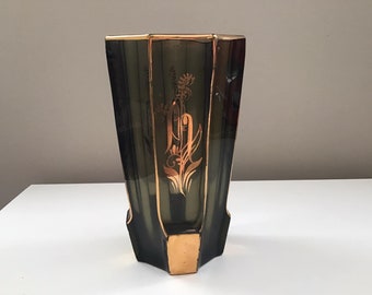 Vintage MOSER Smoked Glass Vase Art Deco Bohemian Glass Czechoslovakia Vintage Art Deco Faceted Dark Green with Gold Glass Moser Style Vase