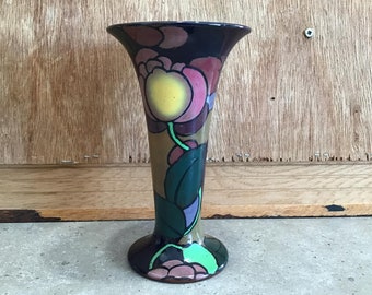 Antique England Royal Stanley Ware C & Co. ROSA Trumpet Vase Hand-Painted Vase Floral Motif .
