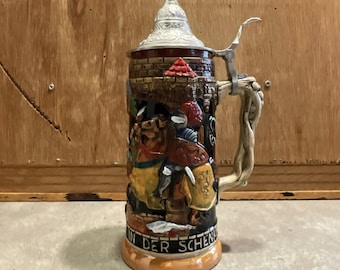 Authentic Vintage German Beer Stein with Pewter Lid, "Made in Germany" Stamped Relief Mug, Medieval Knight Scene, Collectible Barware