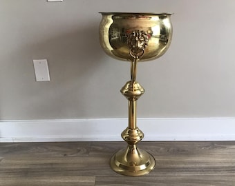 Antique or Vintage Brass Round Pedestal Plant Pot with Lions Head Handles