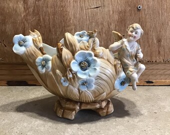 Vintage Cherub Vase or Planter Beige with Blue Flowers