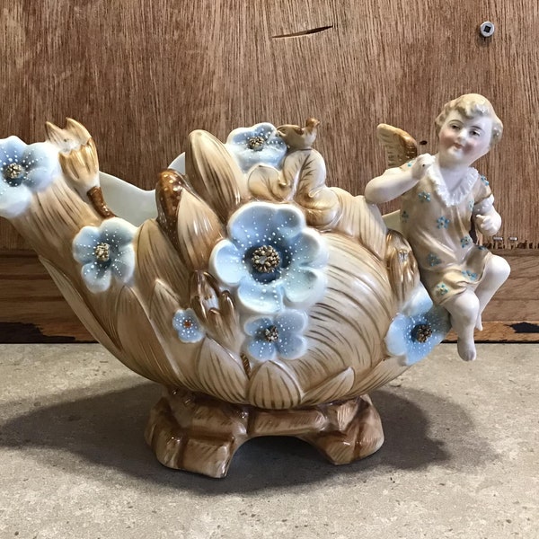 Vintage Cherub Vase or Planter Beige with Blue Flowers