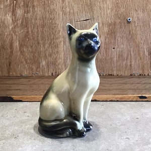 Vintage Glazed Siamese Cat with Blue Eyes MCM Made in Brazil