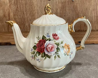 VINTAGE SADLER Teapot #2745 Made in England Floral Red Pink Yellow Roses Gold Accent