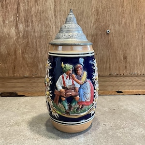 Vintage German Beer Lidded Stein, Vintage Germany Beer Stein, German Beer Stein, Pewter Lid
