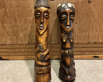 Vintage Carved African Bone Figurine Pair, Tribal Male and Female Statues, Etched Polished Bone Folk Art, West African Ancestor Figures
