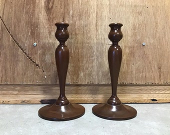 Pair of Vintage BENBOW Brown Wooden Candlesticks Holders, Candlesticks, Vintage Wooden Candle Holders