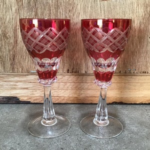 Cranberry Cut to Clear Goblets, Vintage Crystal Glasses with Stunning Glass Engraving