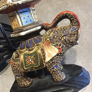 Vintage Elephant Table Lamp Wood Base Made in Japan Hand Painted