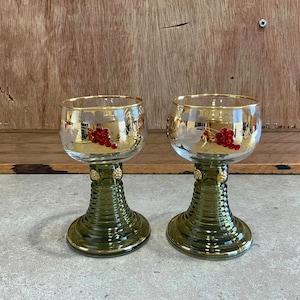 2 Vintage Green Beehive Jeweled Roemer Glasses Made in Germany, Green Gold Goblets Jeweled Grapes