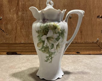Antique R.S. Prussia Chocolate Pot, Red Mark Reinhold Schlegelmilch Coffee Pitcher, White Easter Lily Scalloped Porcelain Pot, c. 1900