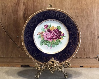 TG Green Cobalt Cake Plate: Vintage English Pottery with Gilded Roses