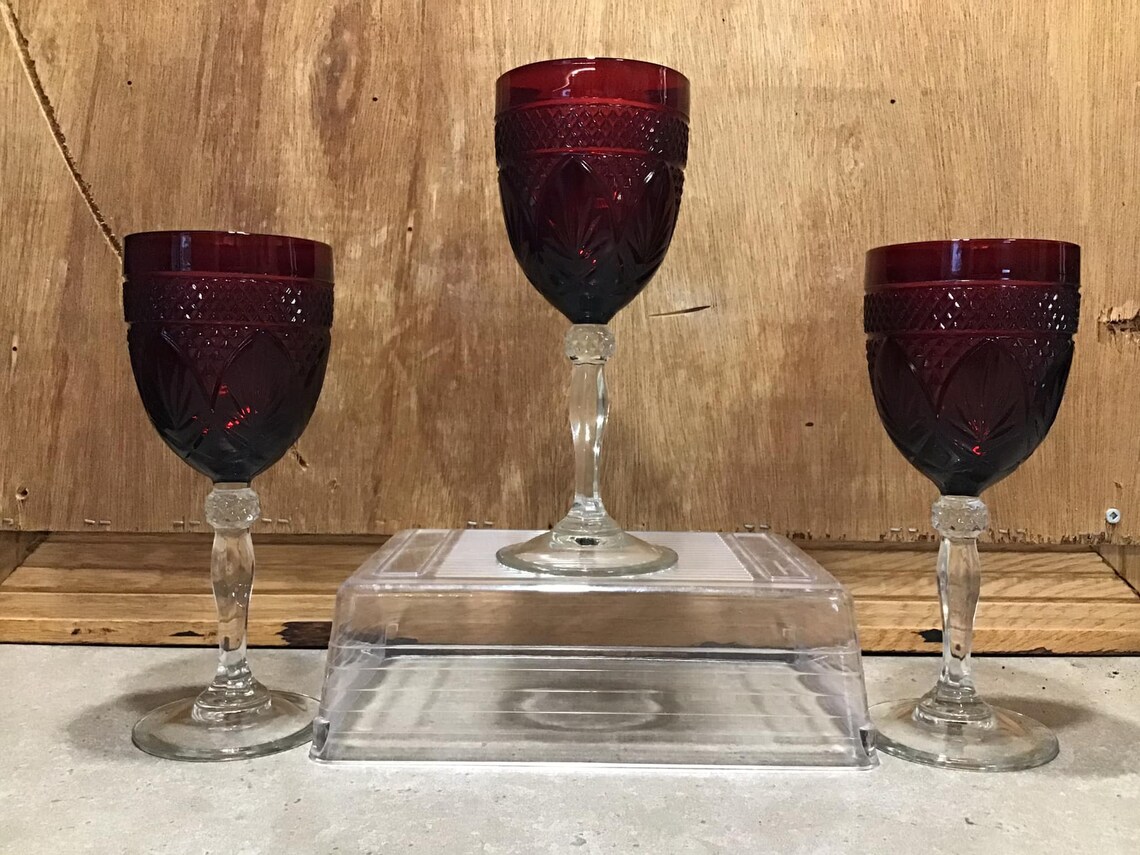 Vintage Set of 3 Ruby Red Wine Goblets 8 Imperial Glass Etsy UK