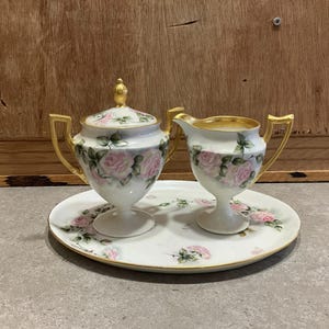 Antique Limoges Elite France Creamer, Sugar Bowl with Lid and 2 Handles, Underplate, Pink Roses, Signed