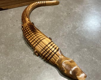 Vintage Hand-Carved Flexible Wooden Crocodile, Articulated Alligator Figurine, Movable Wood Reptile Sculpture, Folk Art Animal Decor