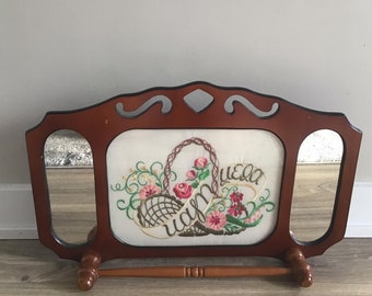 Old Vintage or Antique Wood Wall Towel Rack Mirrored, Needlepoint Floral