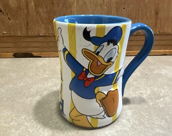 Vintage Disney Store Donald Duck Coffee Mug, Relief Sculpted Ceramic Cup, Blue and Yellow Striped Duck Decor, Collectible Disneyana Gift,