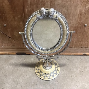 Vintage Hollywood Regency Swivel Mirror: Oval Rhinestone Enamel Base