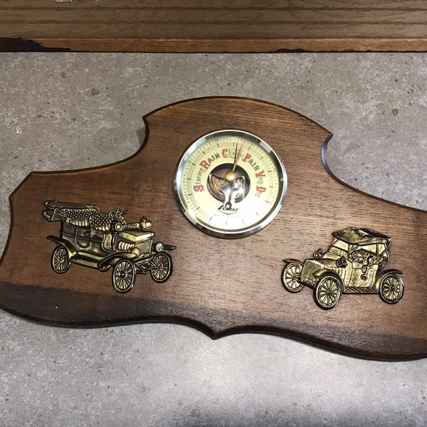 Vintage Wooden Barometer with Old Cars Vintage Fisher Wood Wall hanging Barometer Cabin Decor