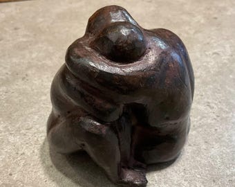 Vintage Folk Art Pottery Sculpture, Abstract "Yoko" Clay Figurine of Love Friendship, Hand-Molded Studio Ceramic, Minimalist Soulful Embrace