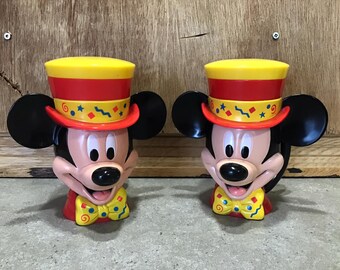 2 Vintage 3D Disney Mickey Mouse Plastic Mugs with Flip Lid, Collector Disney Character Mugs