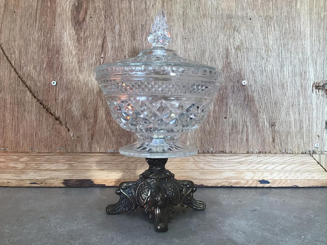 Vintage Crystal Brass Bowl With Lid Diamond Pressed Glass Crystal Il 1080xN.3460311909 Jw7e