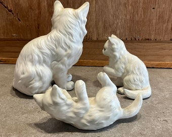 3 Vintage White Cat Figurines Ceramic Animal Statue
